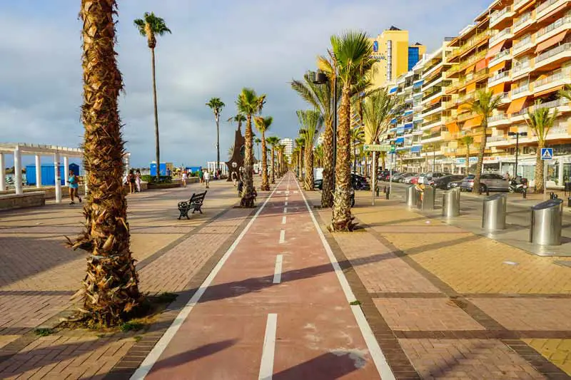 The promenade in Fuengirola, flanked by palm trees. In the middle there is a cycle path which is red