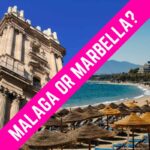 A graphic with a pink label in the middle saying "Malaga or Marbella". On the left hand side there is the cathedral in Malaga, whilst on the right there is a beach in Marbella