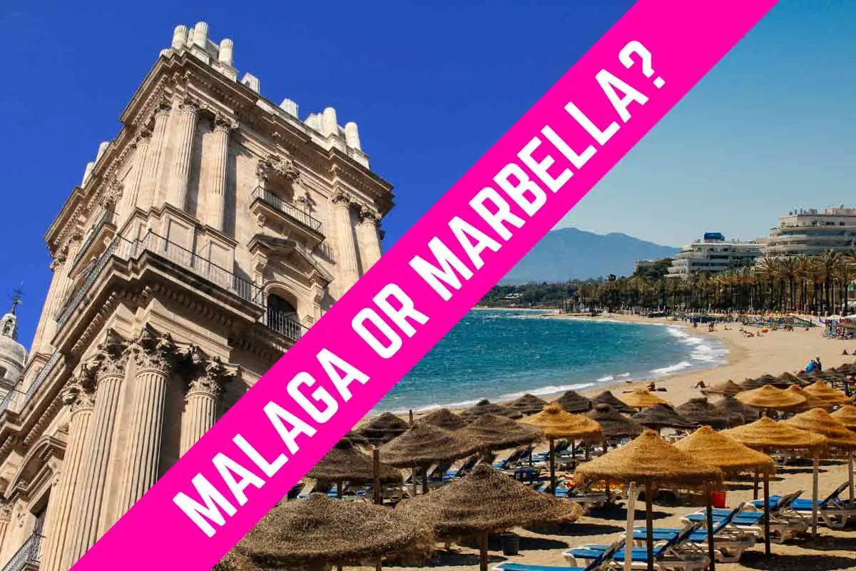 A graphic with a pink label in the middle saying "Malaga or Marbella". On the left hand side there is the cathedral in Malaga, whilst on the right there is a beach in Marbella
