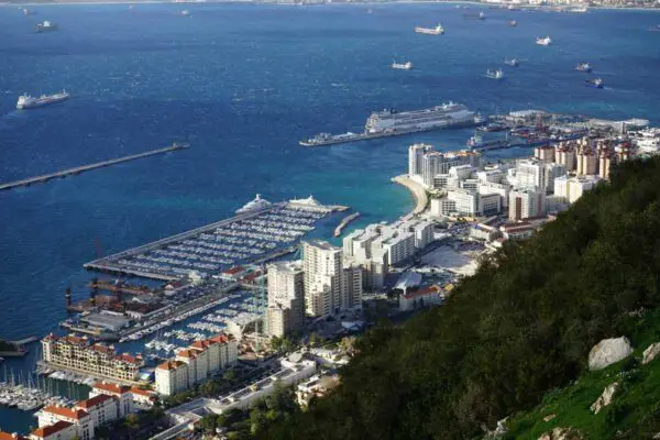 An aerial view of the city of Gibraltar and the marina, taken from the rock